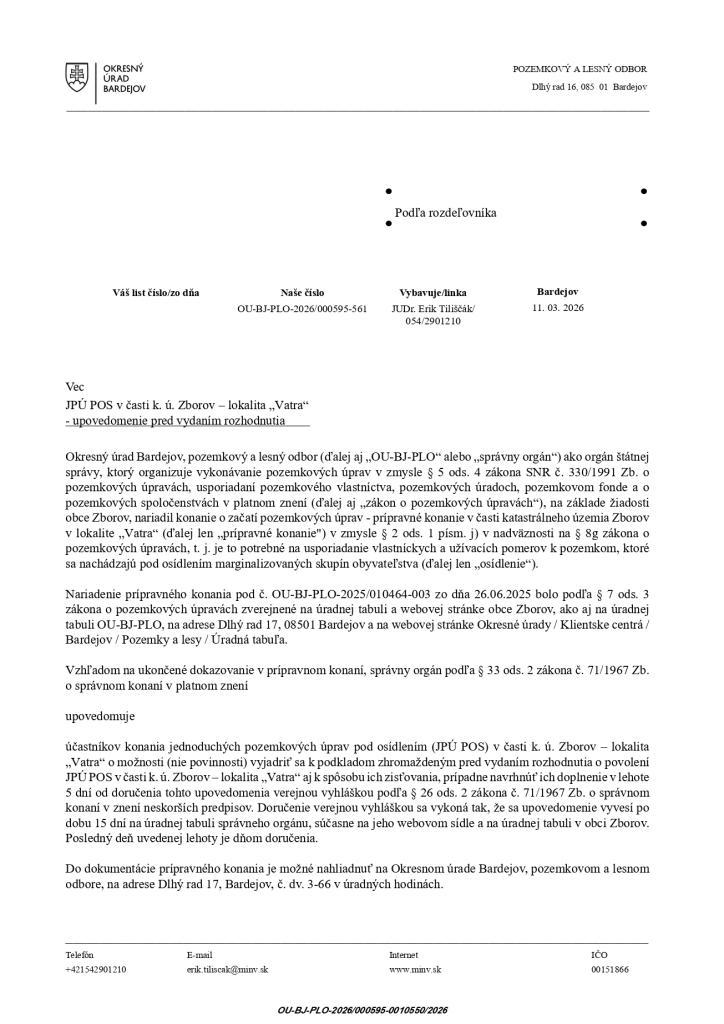 JPÚ POS v časti k. ú. Zborov – lokalita „Vatra“ - upovedomenie pred vydaním rozhodnutia